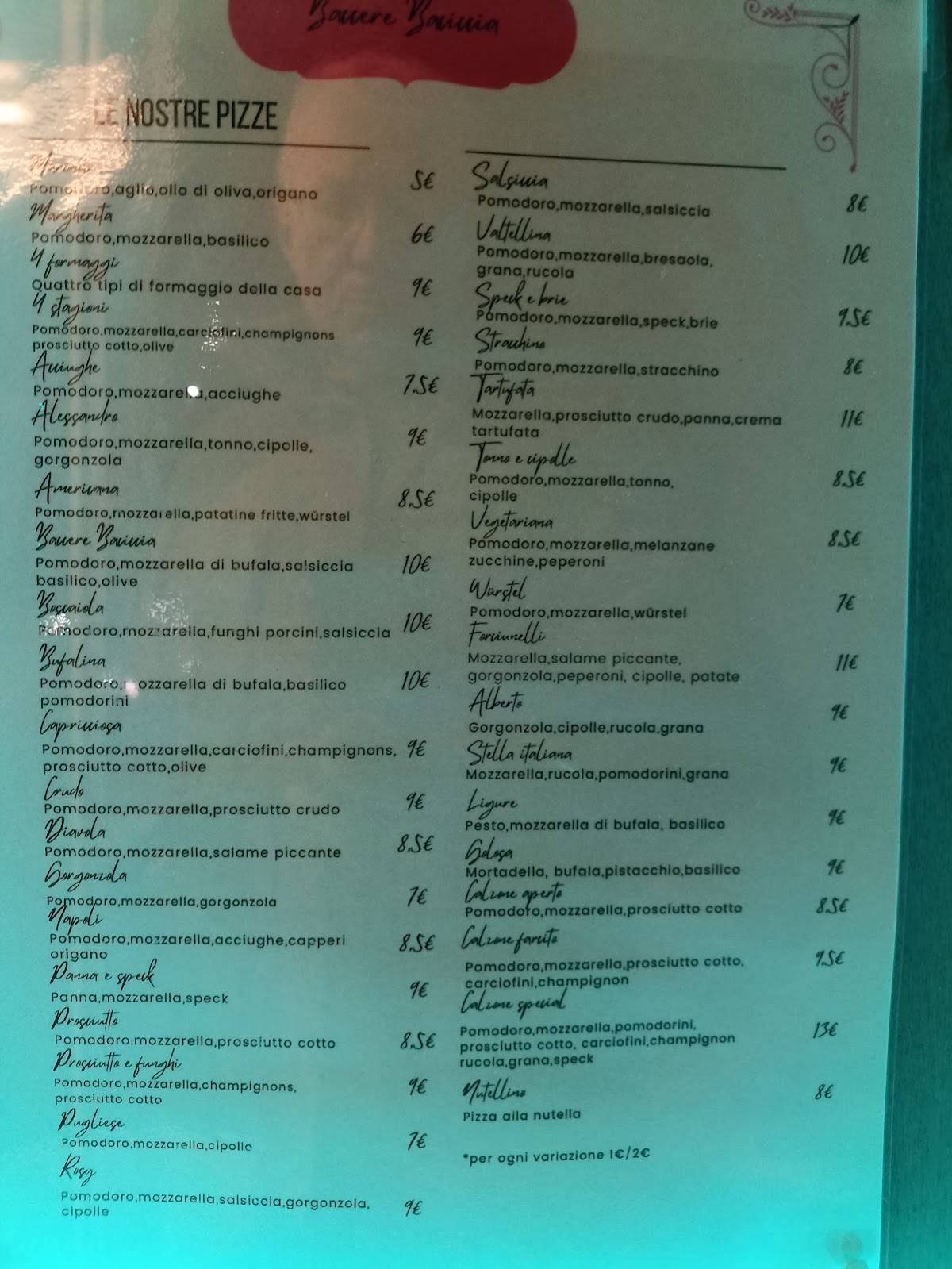 Menu di Baccere Baciccia 