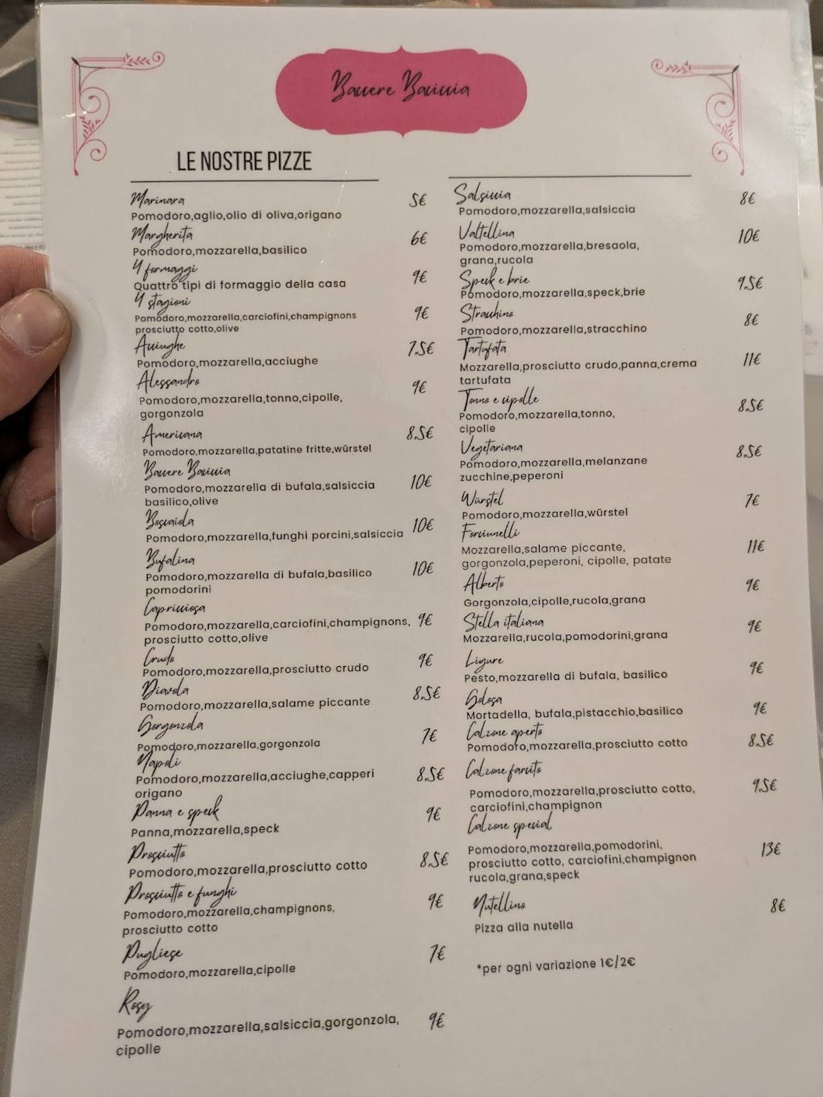 Menu di Baccere Baciccia 
