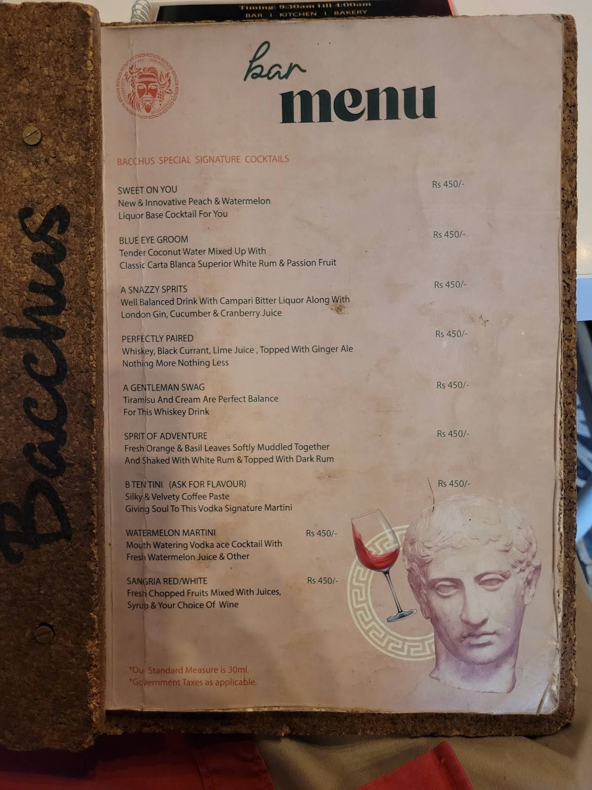 Baccus Cafe Bar Kitchen menu