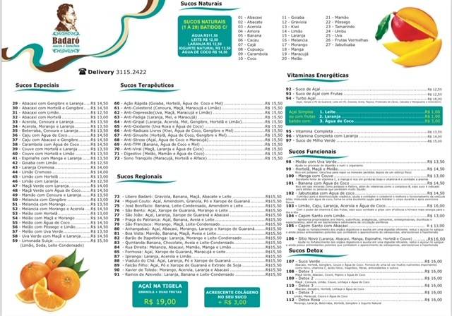 Badaró Sucos e Lanches cardápio