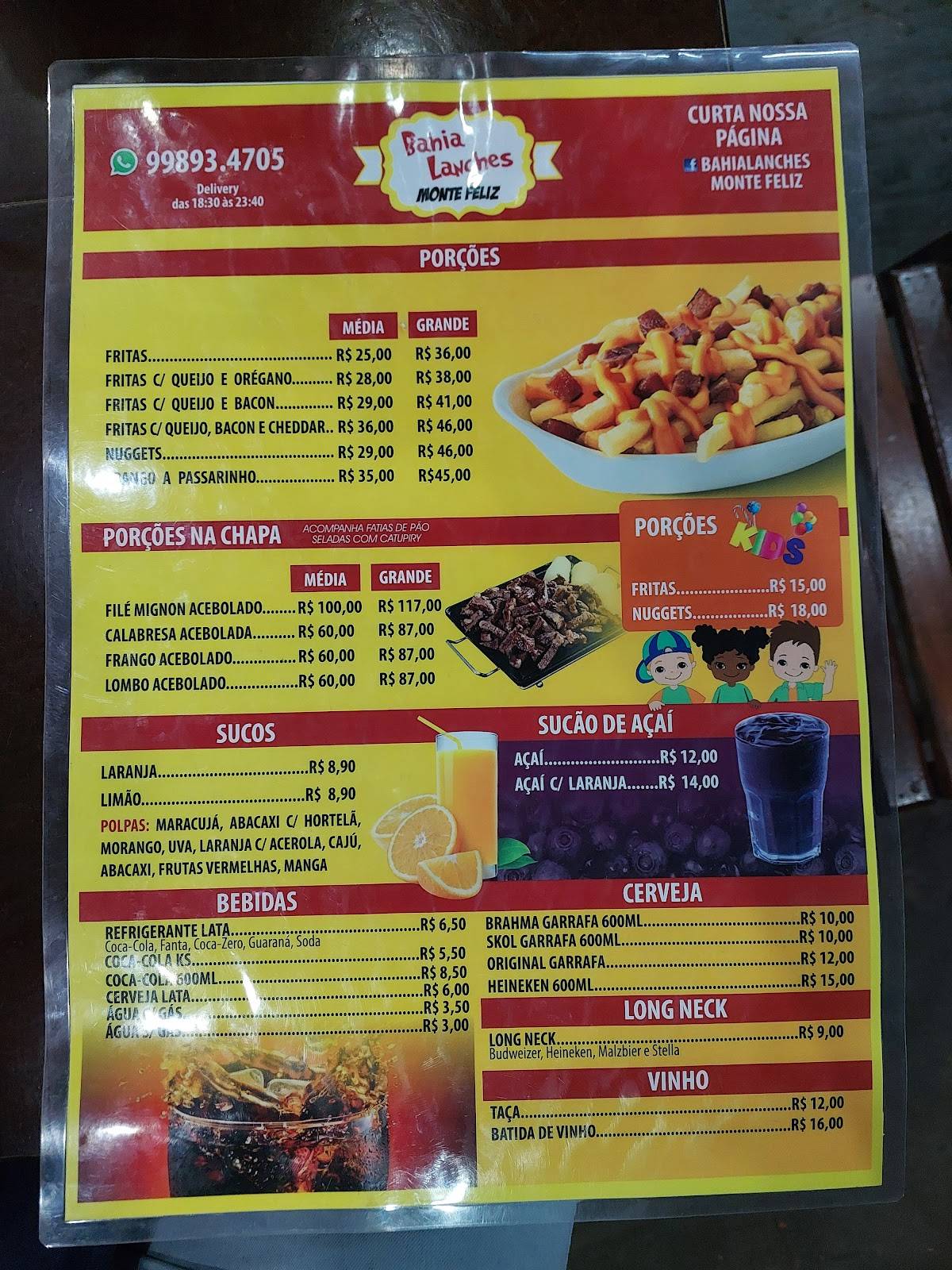Bahia Lanches cardápio