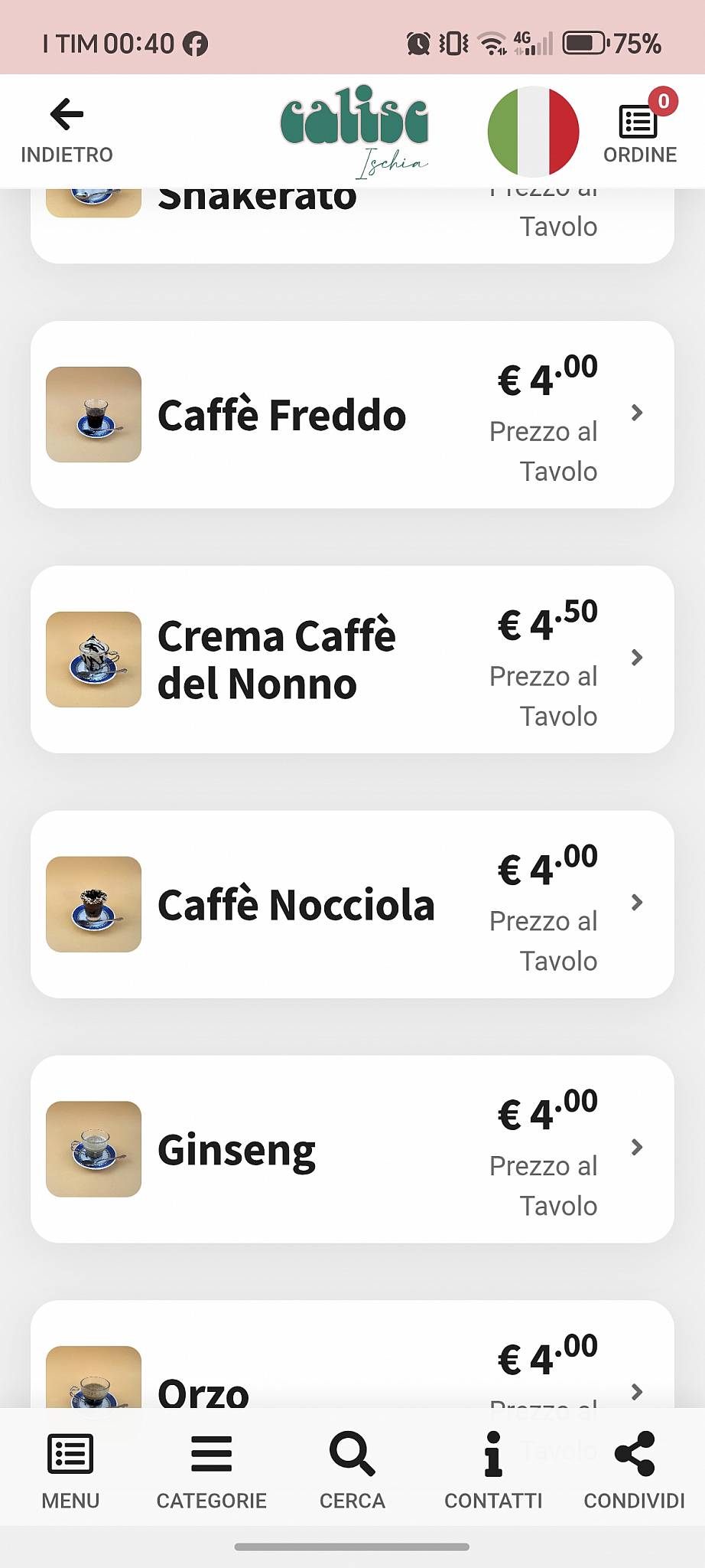 Menu di Gran Bar Giardino Calise 