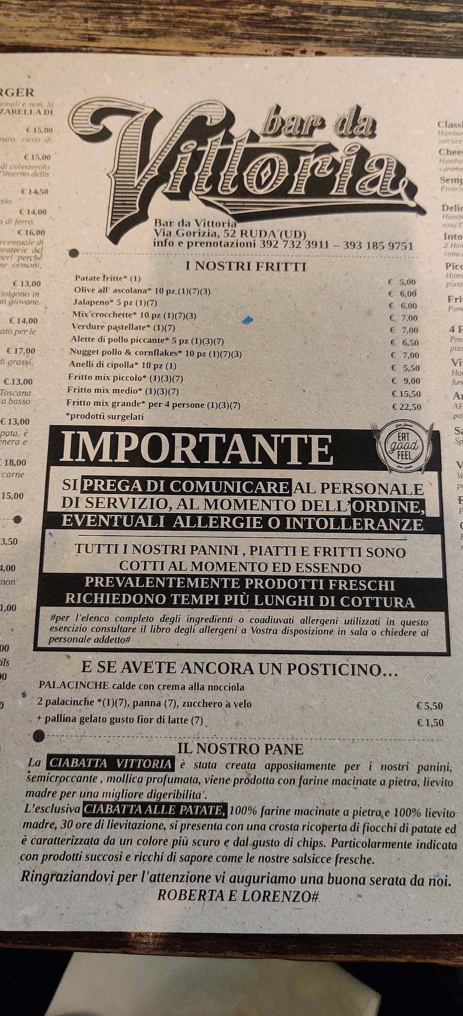 Menu di Bar Da Vittoria 