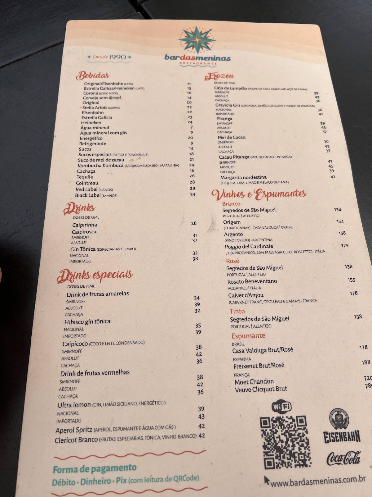Bar das Meninas cardápio