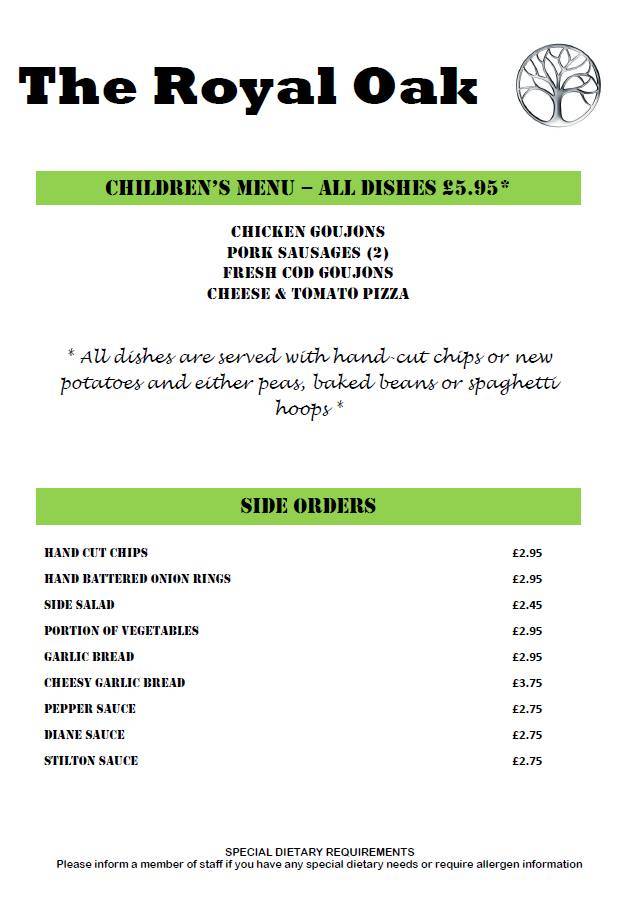 Menu At The Royal Oak Pub Bar Clowne High St