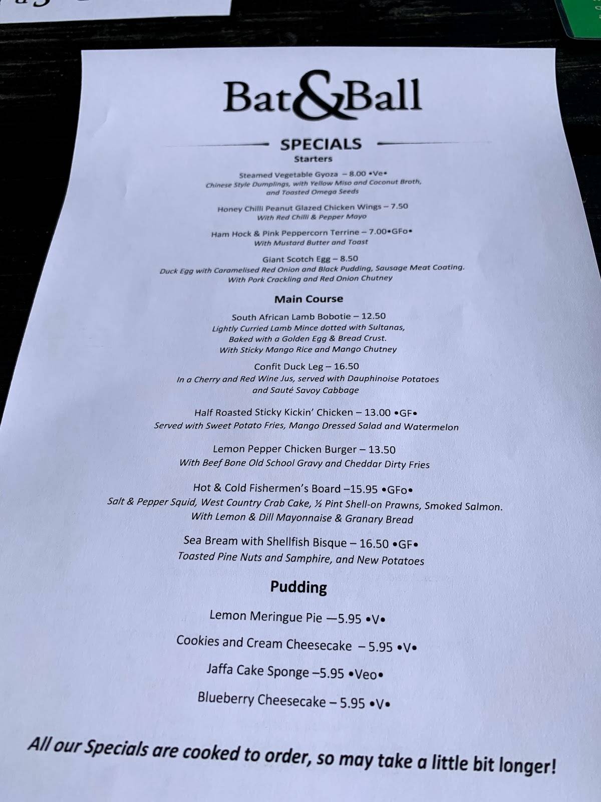 Menu at Bat & Ball pub & bar, Fordingbridge