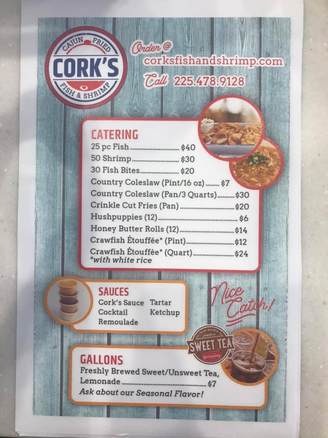 Menu at Cork's Cajun Fried Fish & Shrimp restaurant, Baton Rouge