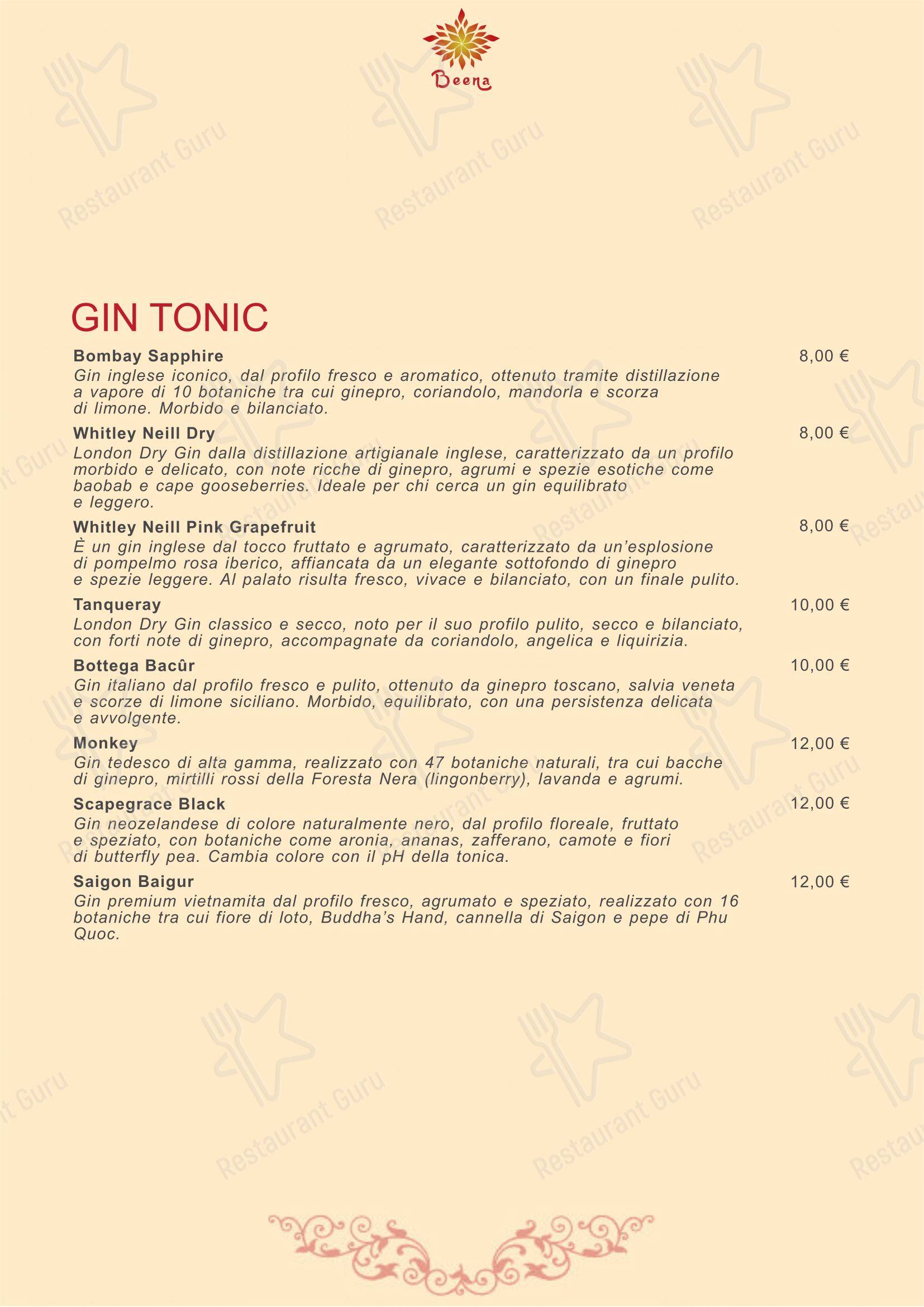 Menu per Beena Apericena Indiano ristorante