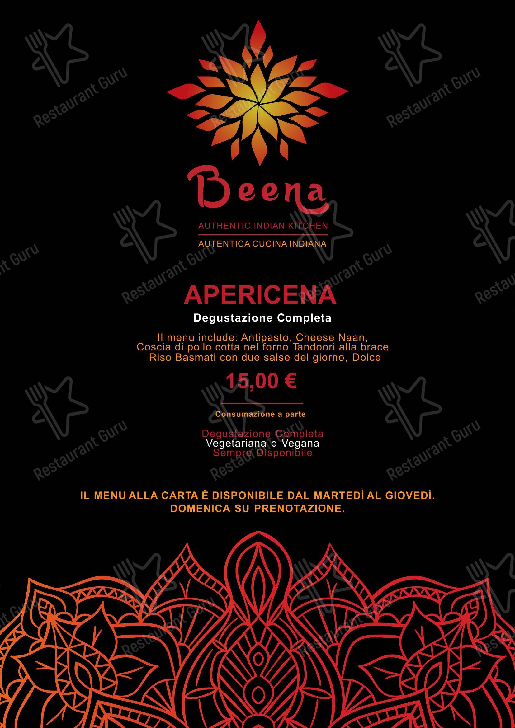 Beena Apericena Indiano in Torino - Menu