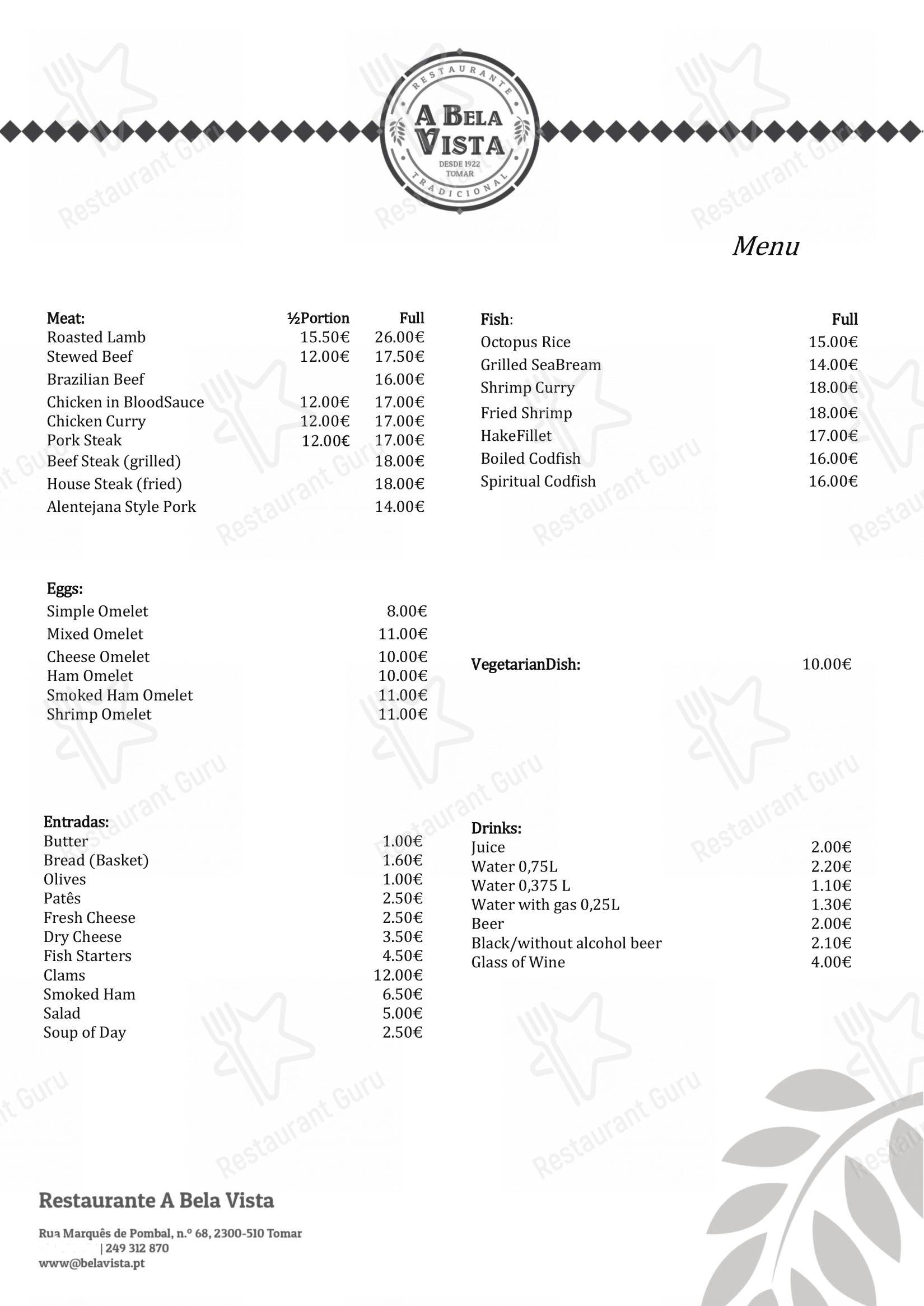 Menu em Bela Vista restaurante, Tomar, R. Marquês de Pombal N°68