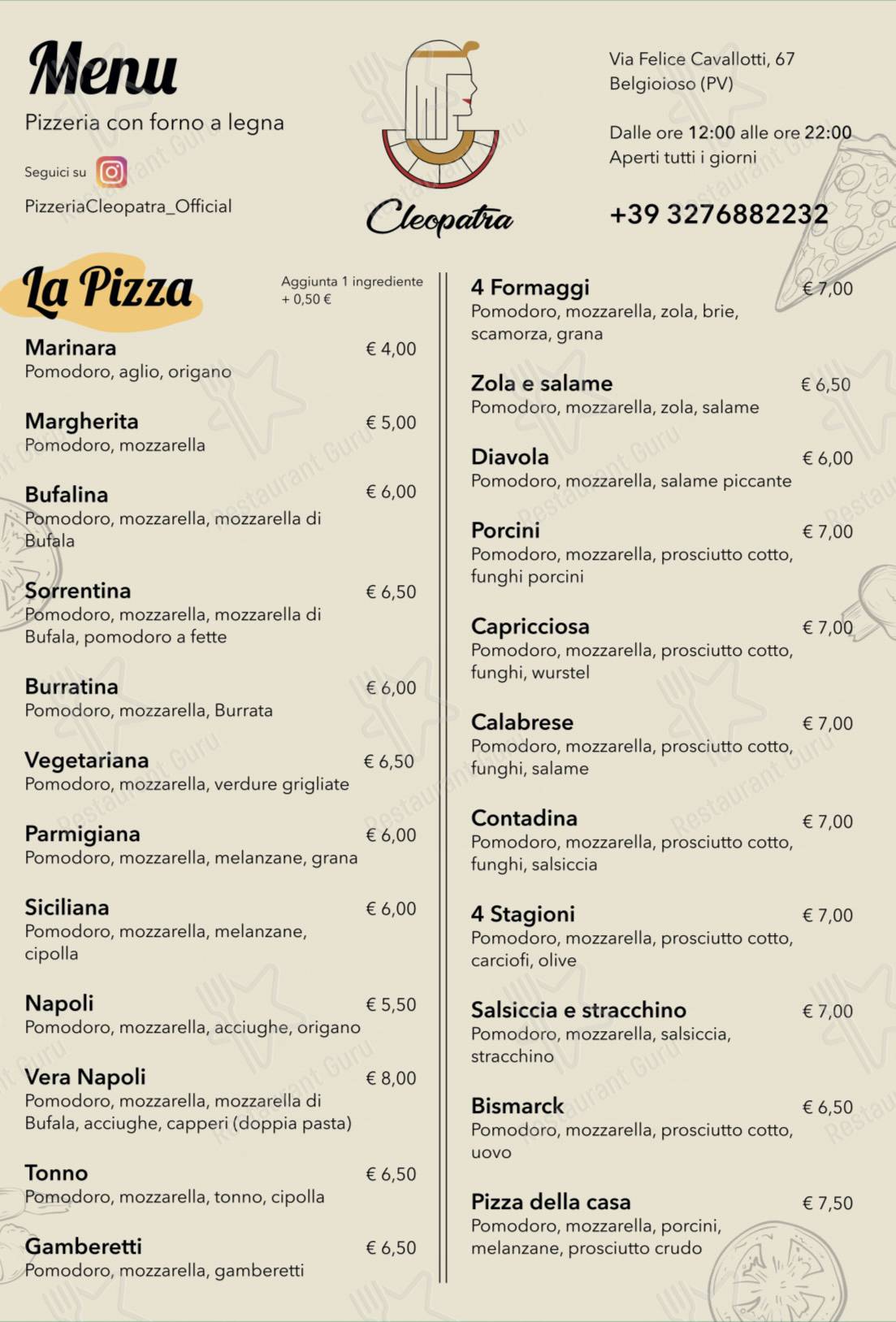 Menu di Cleopatra - pasti e bevande