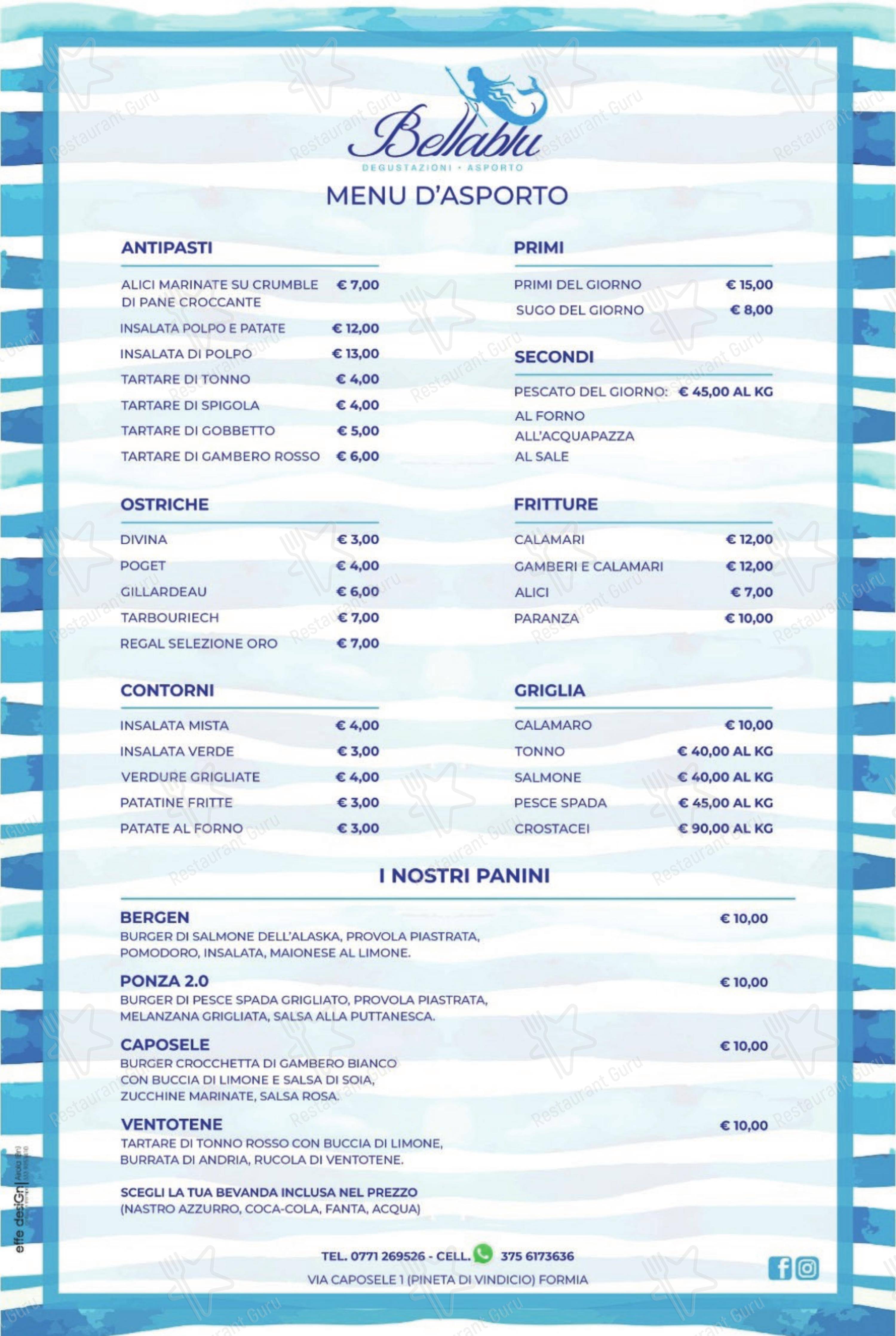 Menu per Bellablu degustazioni - asporto ristorante