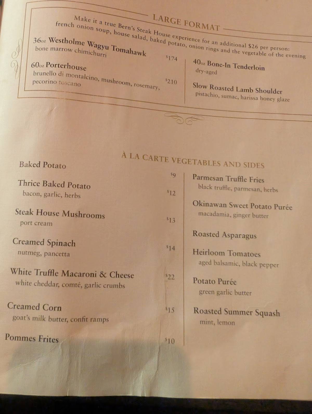 Menu at Bern's Steak House steakhouse, Tampa, S Howard Ave