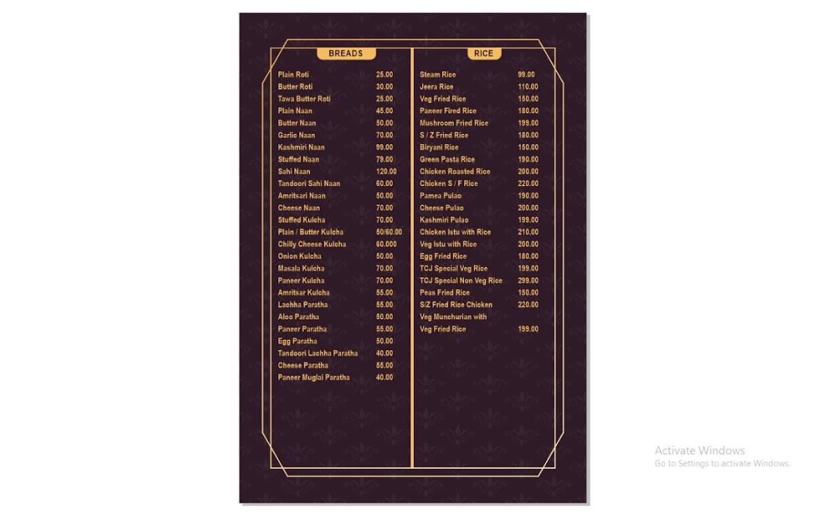 The Central Jail Restaurant menu