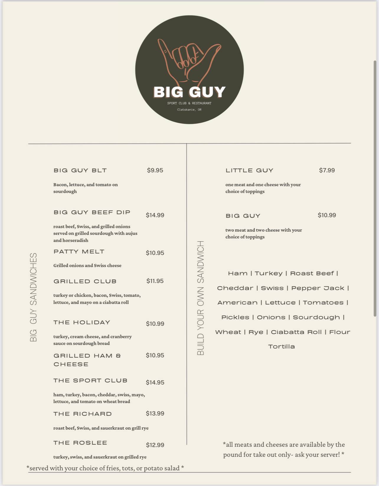 Menu at Big Guy restaurant, Clatskanie