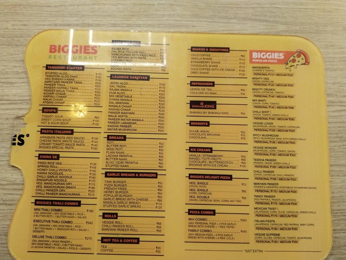 Biggies Restaurant menu