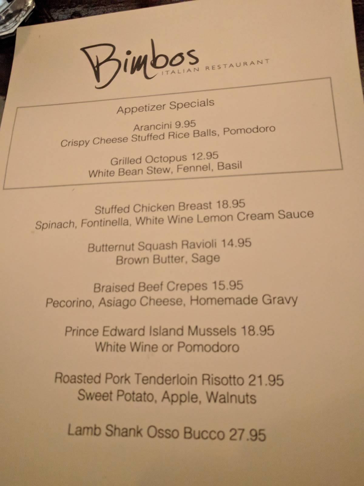 Menu at Bimbo's Italian Restaurant, McHenry