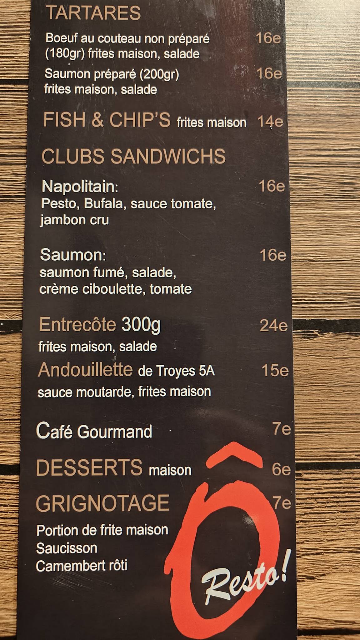 Menu de Bistrot Ô Méryl