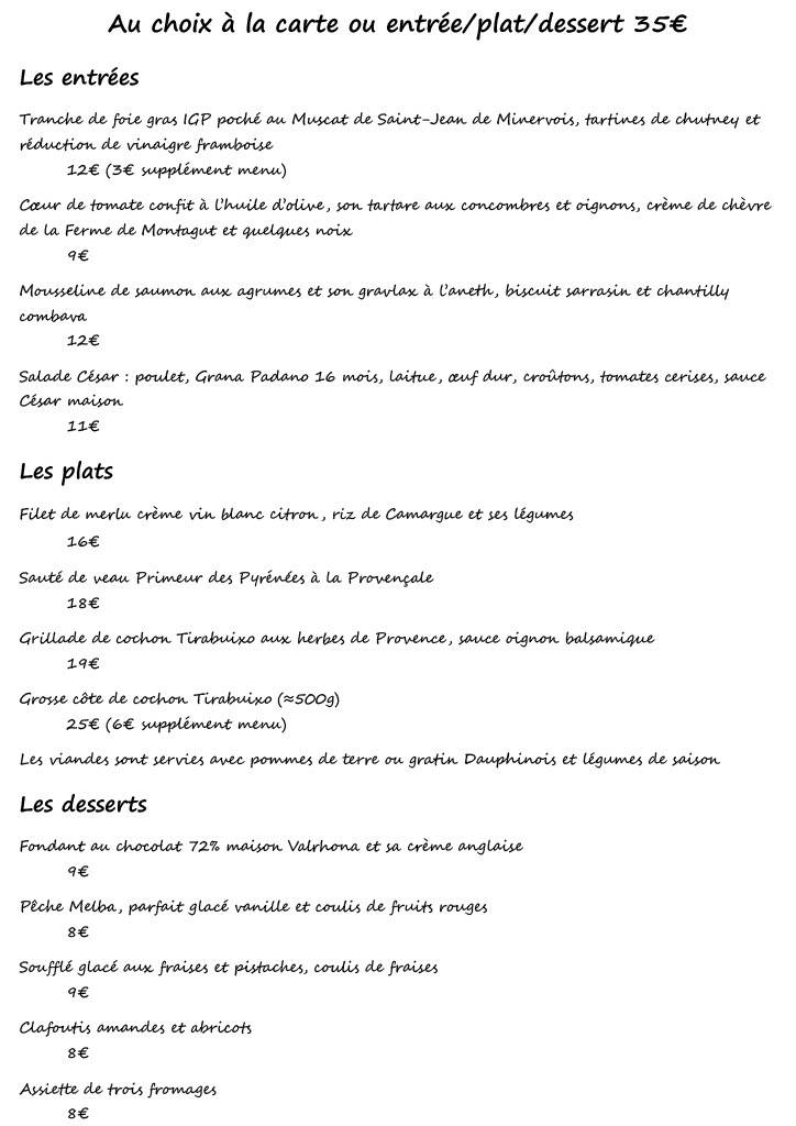 Menu de La Table du Château