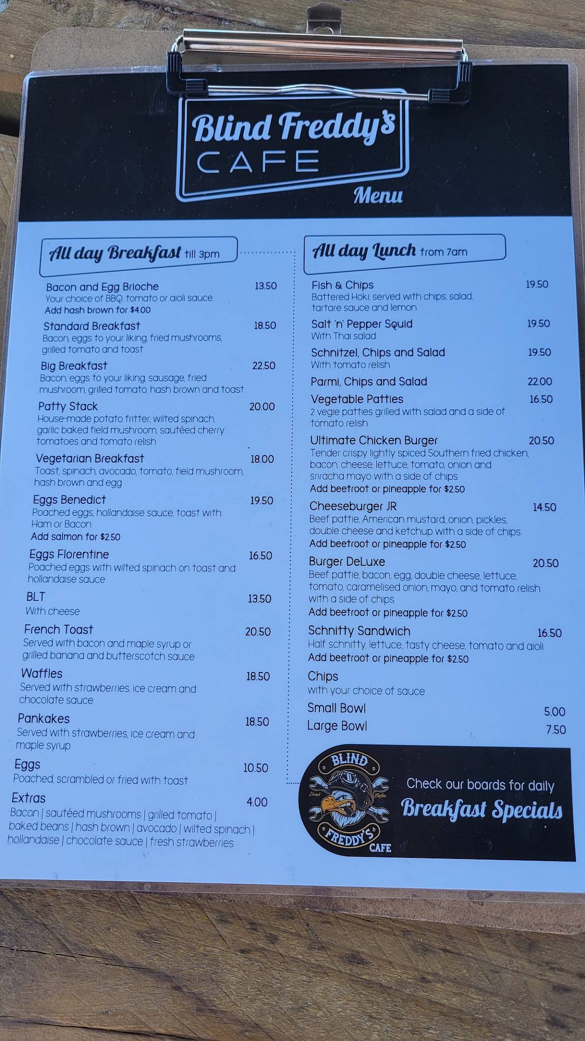 Menu at Blind Freddy's Cafe, Wodonga