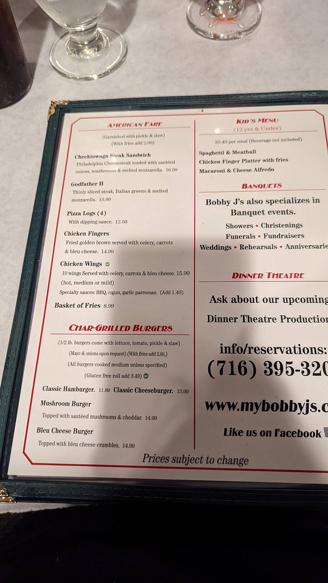 Menu at Bobby J's Italian American Grille restaurant, Buffalo