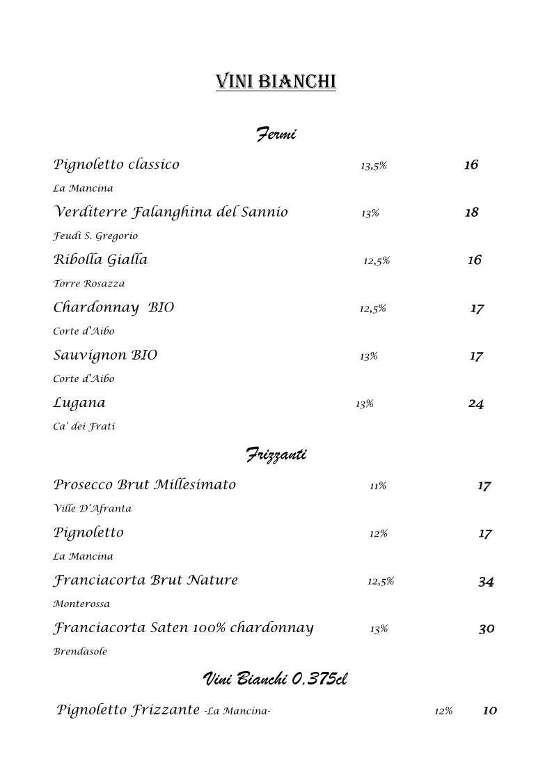 Menu di Trattoria Siro 