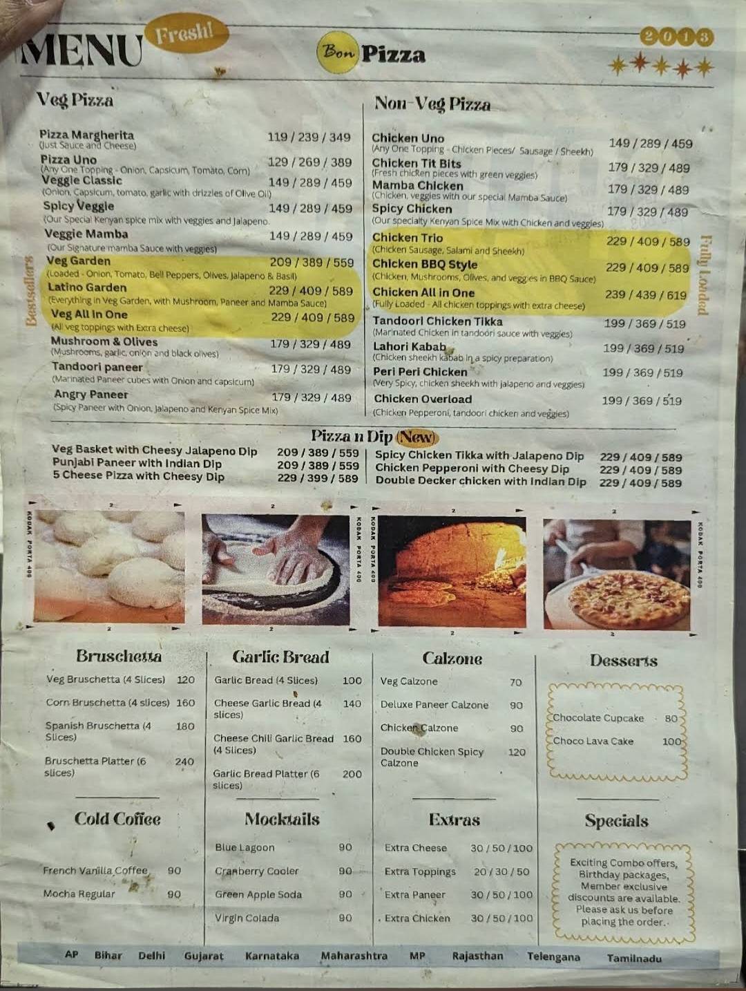 Bon Pizza Cafe menu