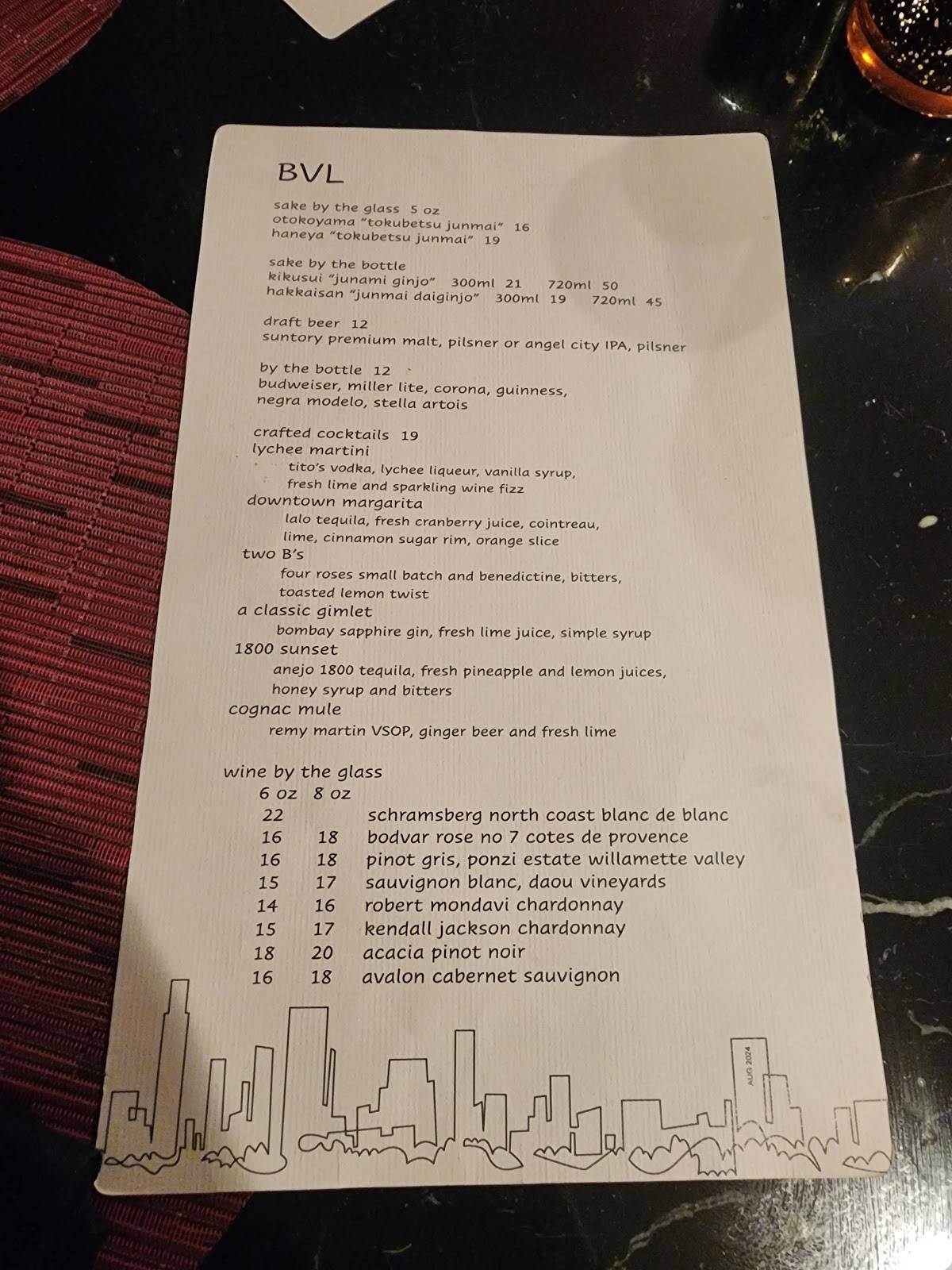 Menu at BonaVista Lounge pub & bar, Los Angeles, 404 S Figueroa St