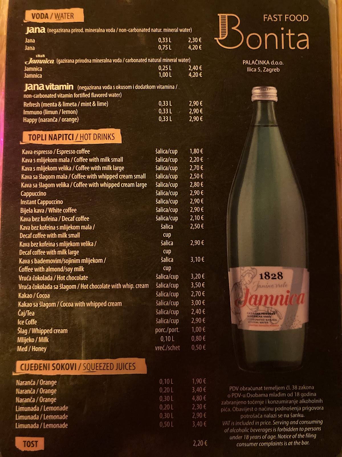 Menu di Bonita Caffe & Sandwich Bar 