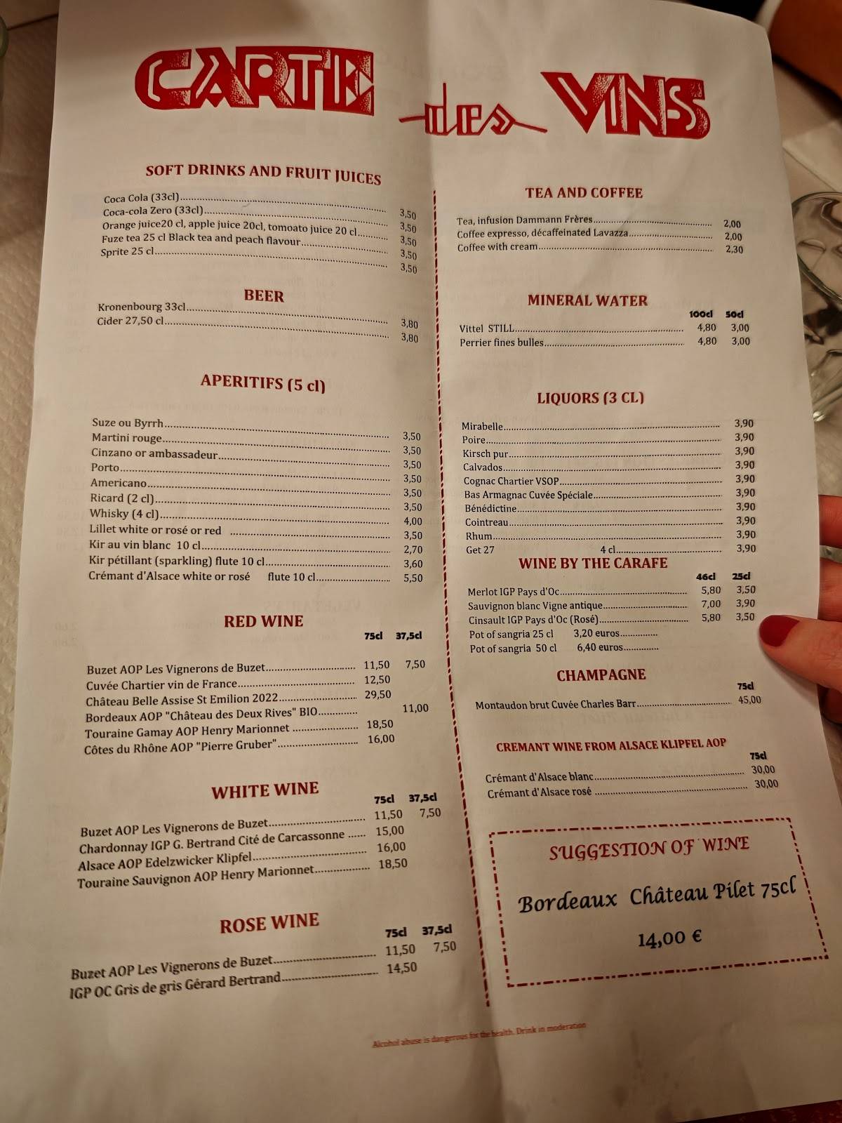Menu de Bouillon Chartier Grands Boulevards