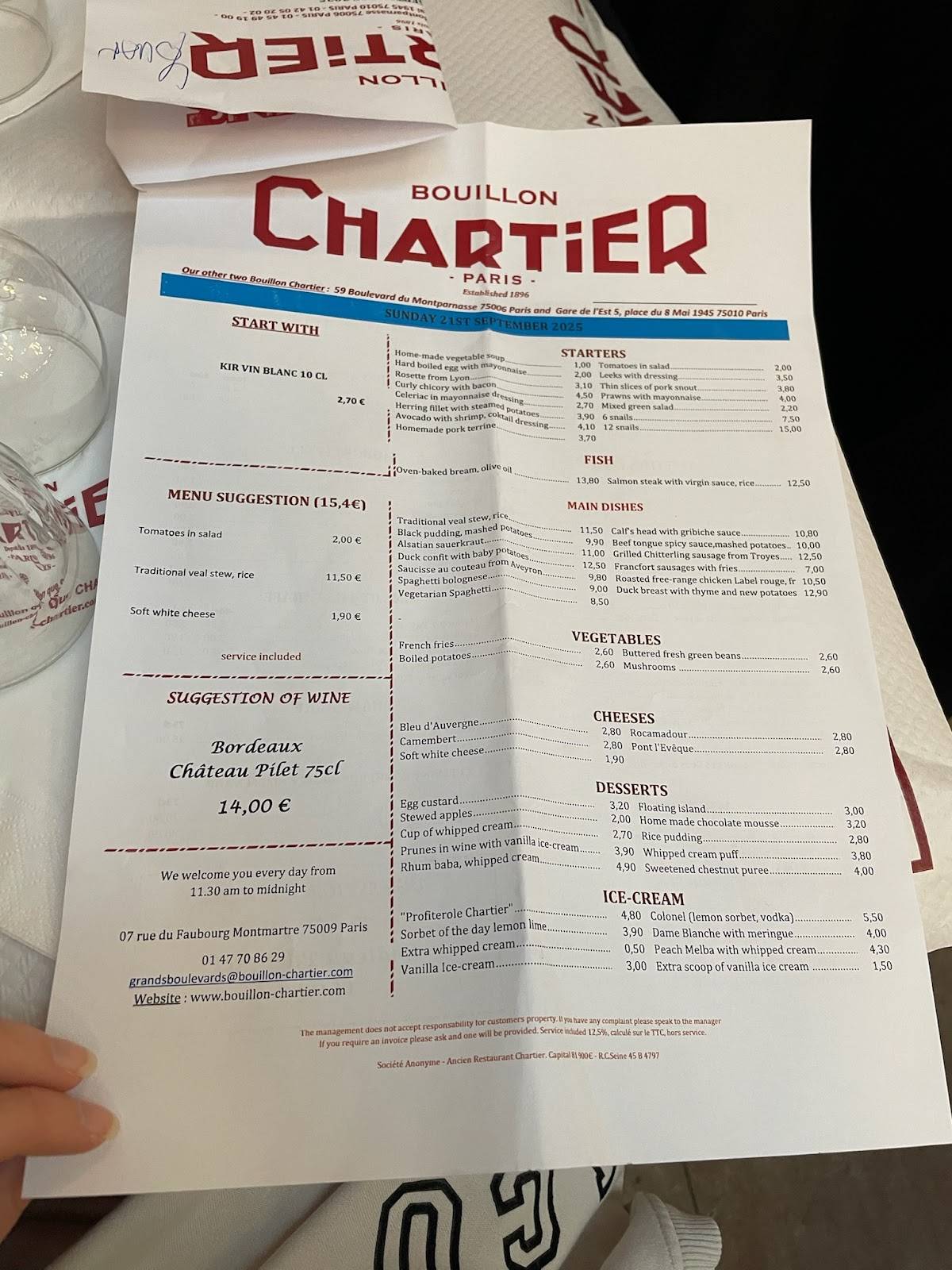 Menu de Bouillon Chartier Grands Boulevards