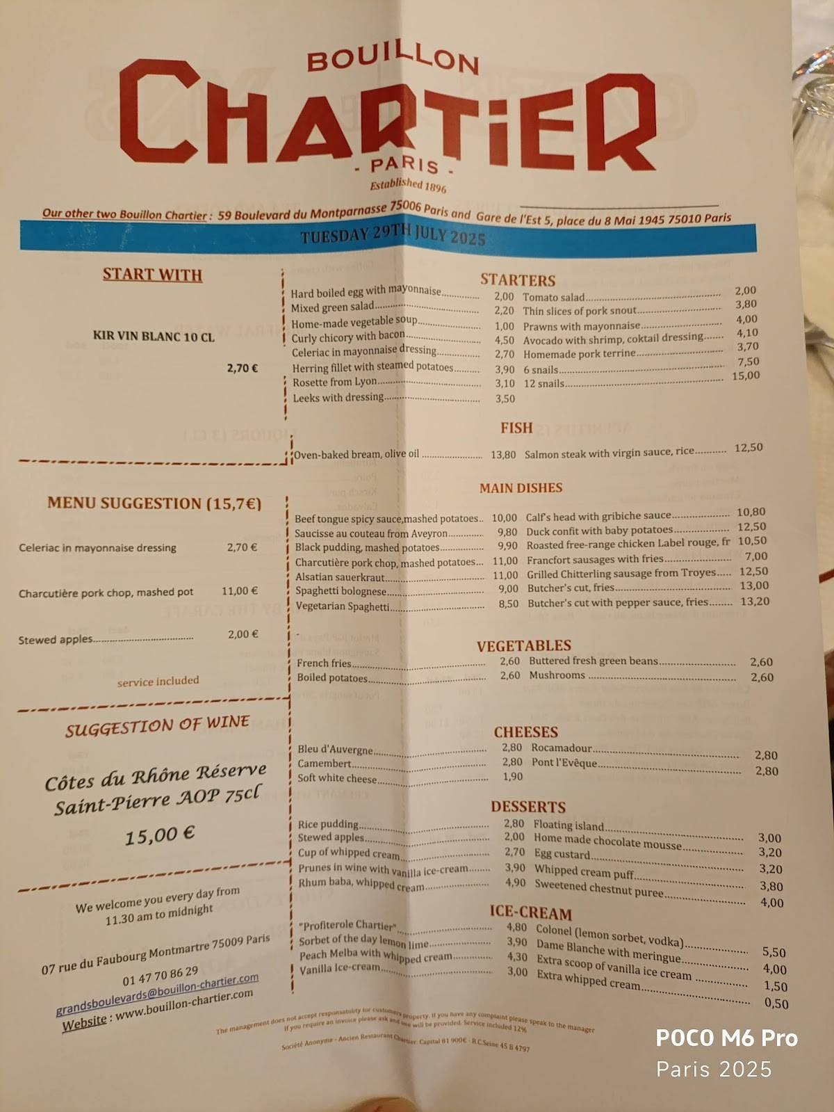 Menu de Bouillon Chartier Grands Boulevards