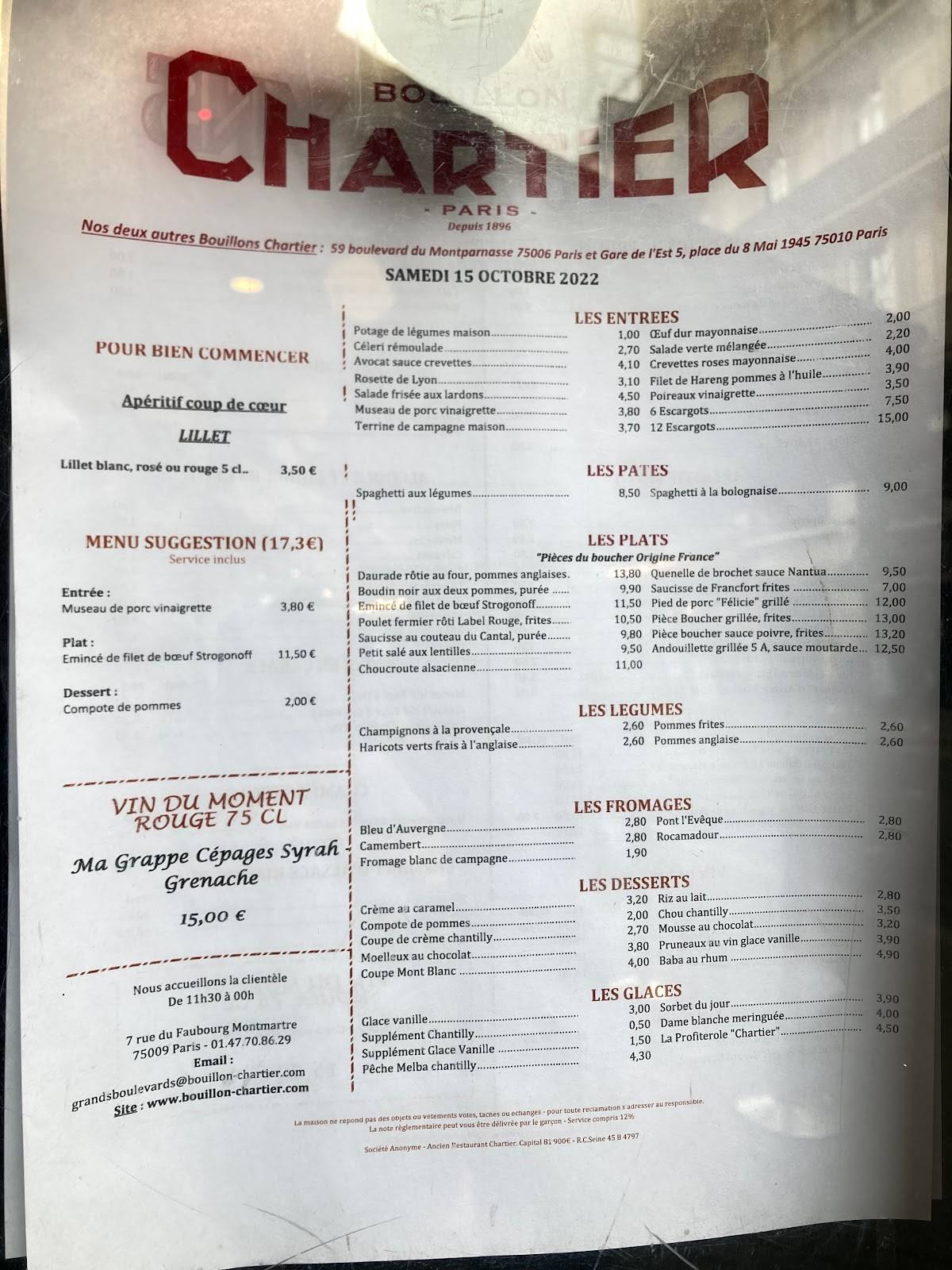 Menu at Bouillon Chartier Grands Boulevards restaurant, Paris, 7 Rue du Faubourg Montmartre