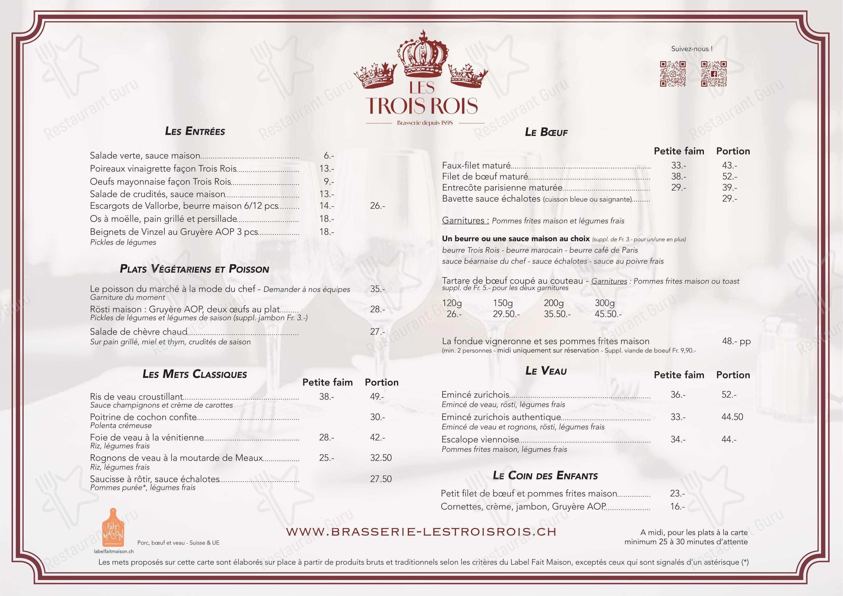 Menu bar per Brasserie Les Trois Rois SA ristorante