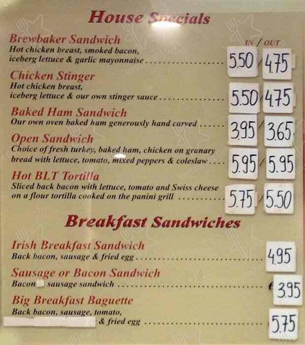 Menu at Brewbaker Cafe, Dublin, 13 Leinster St S