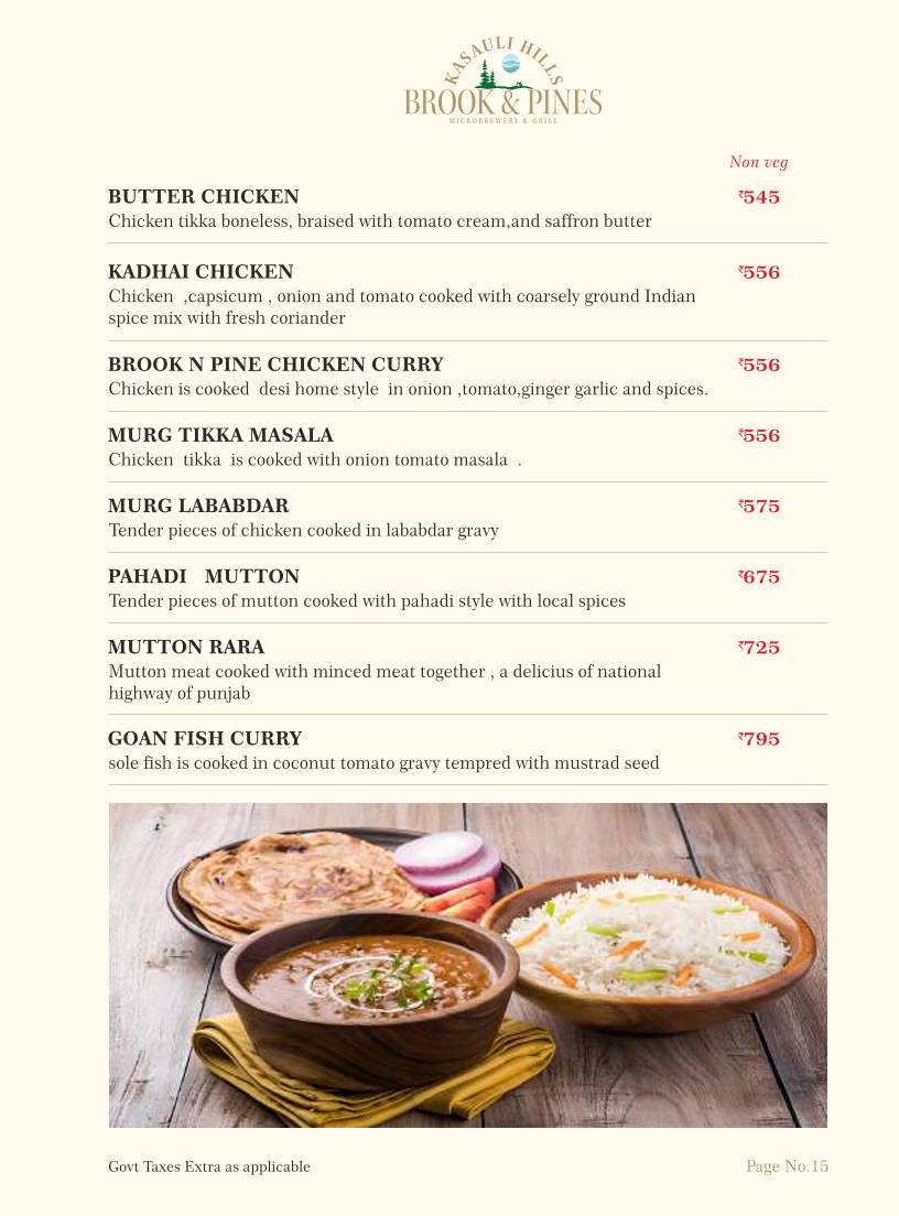 Brook & Pines Restaurant, Microbrewery & Grill menu