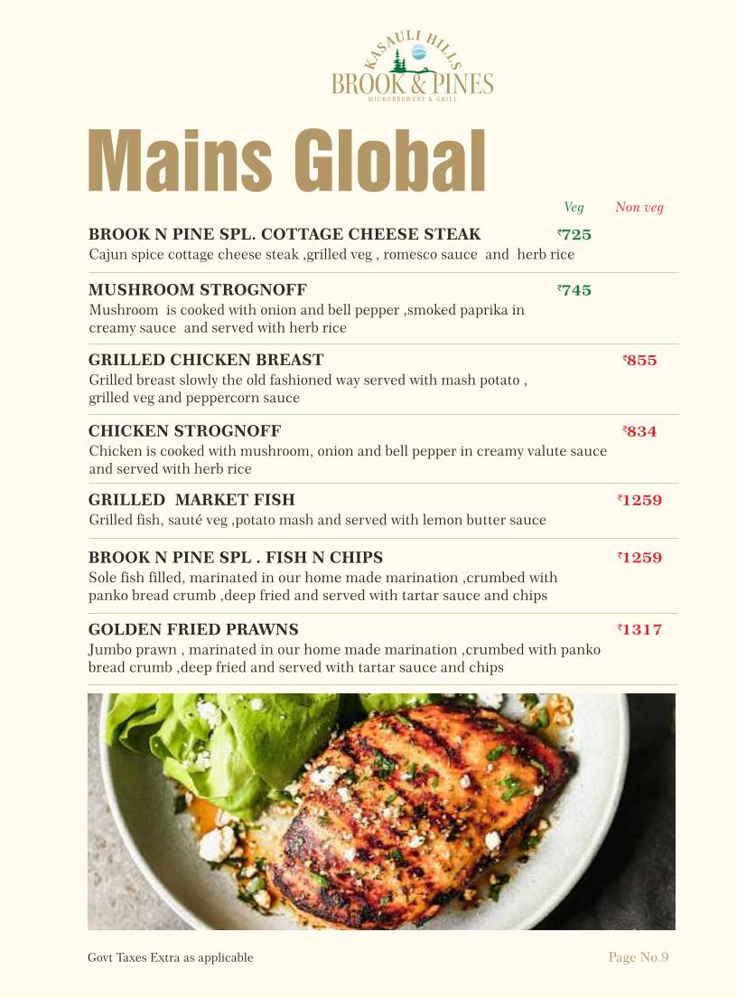 Brook & Pines Restaurant, Microbrewery & Grill menu