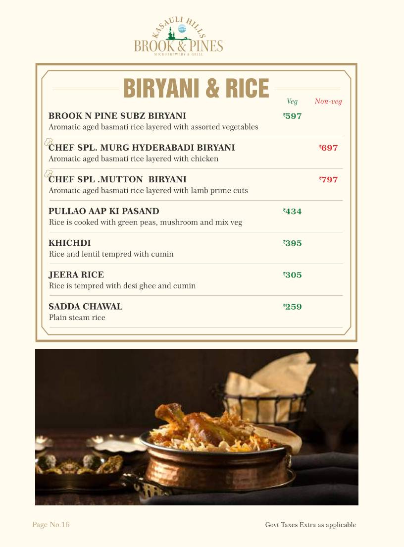 Brook & Pines Restaurant, Microbrewery & Grill menu