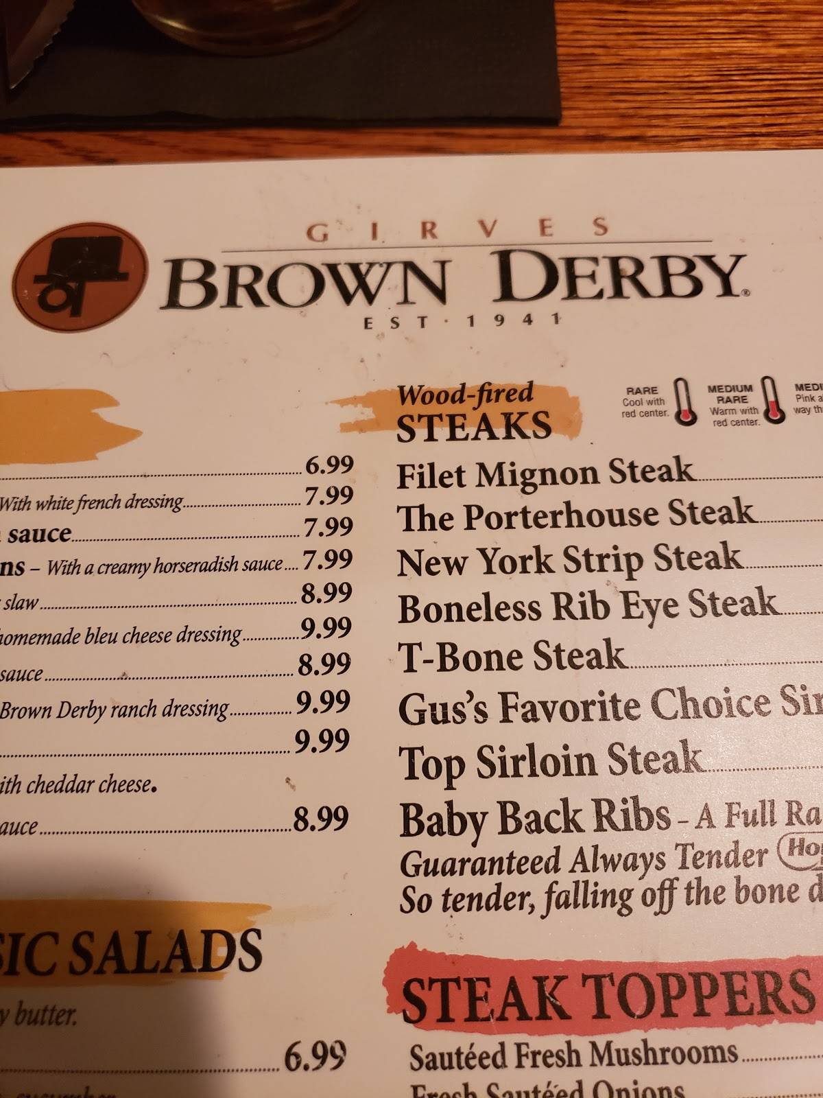 Menu at Brown Derby pub & bar, Middleburg Heights, Bagley Rd