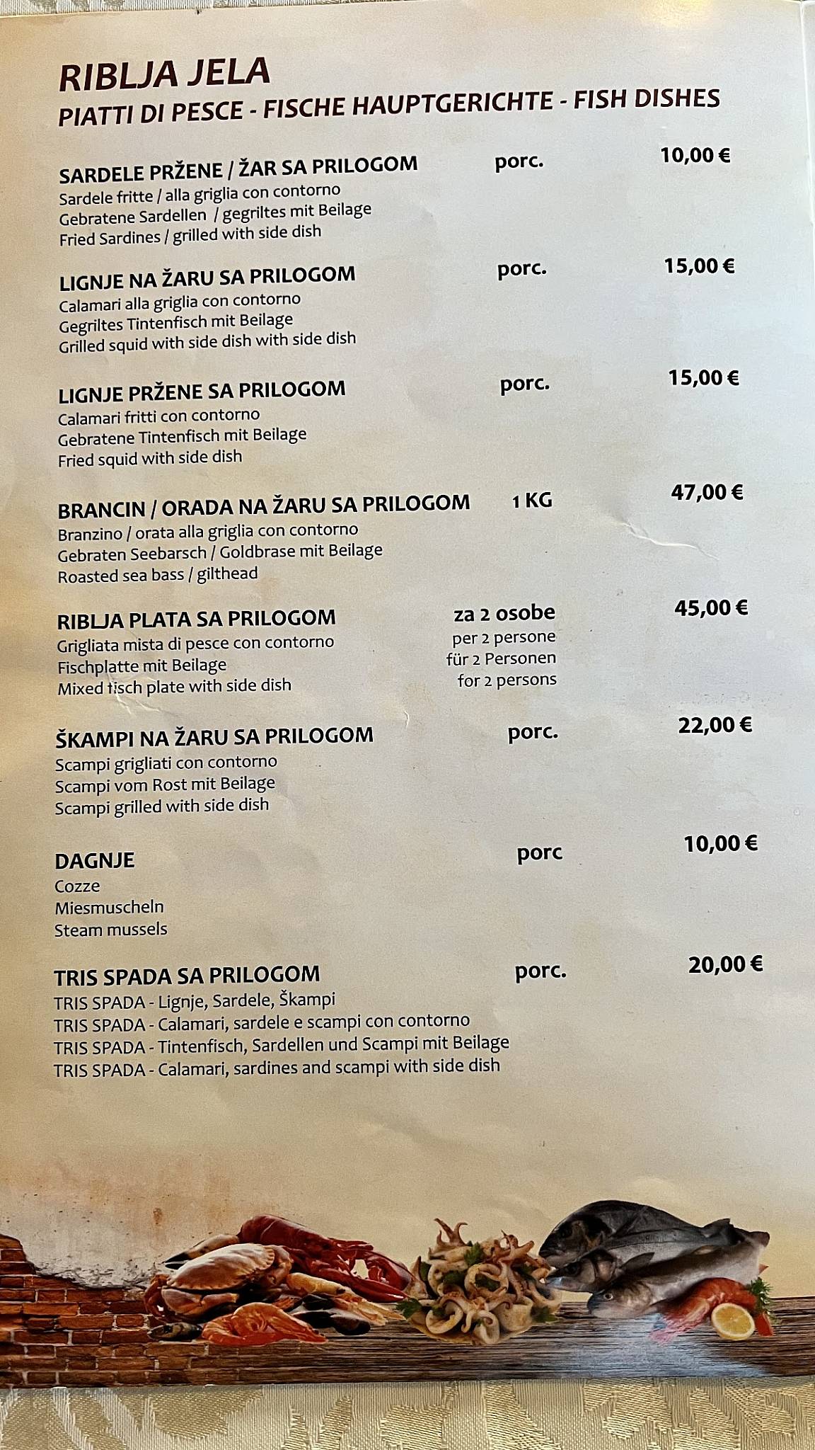 Menu di Buffet Spada Pizza Grill Porec 