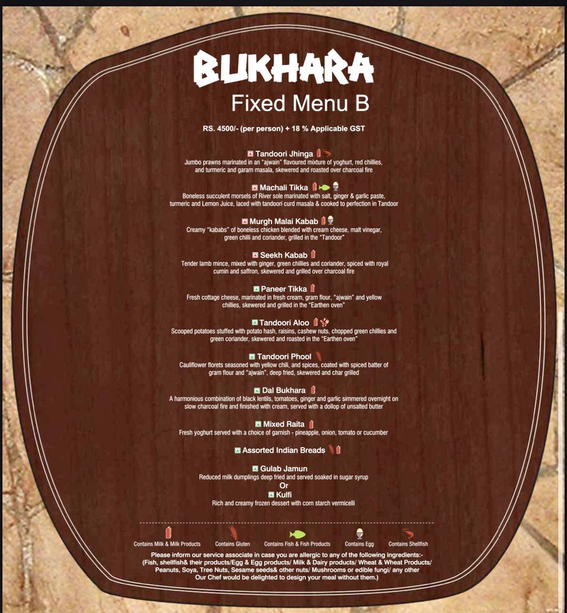 Menu at Bukhara, New Delhi, ITC MAURYA