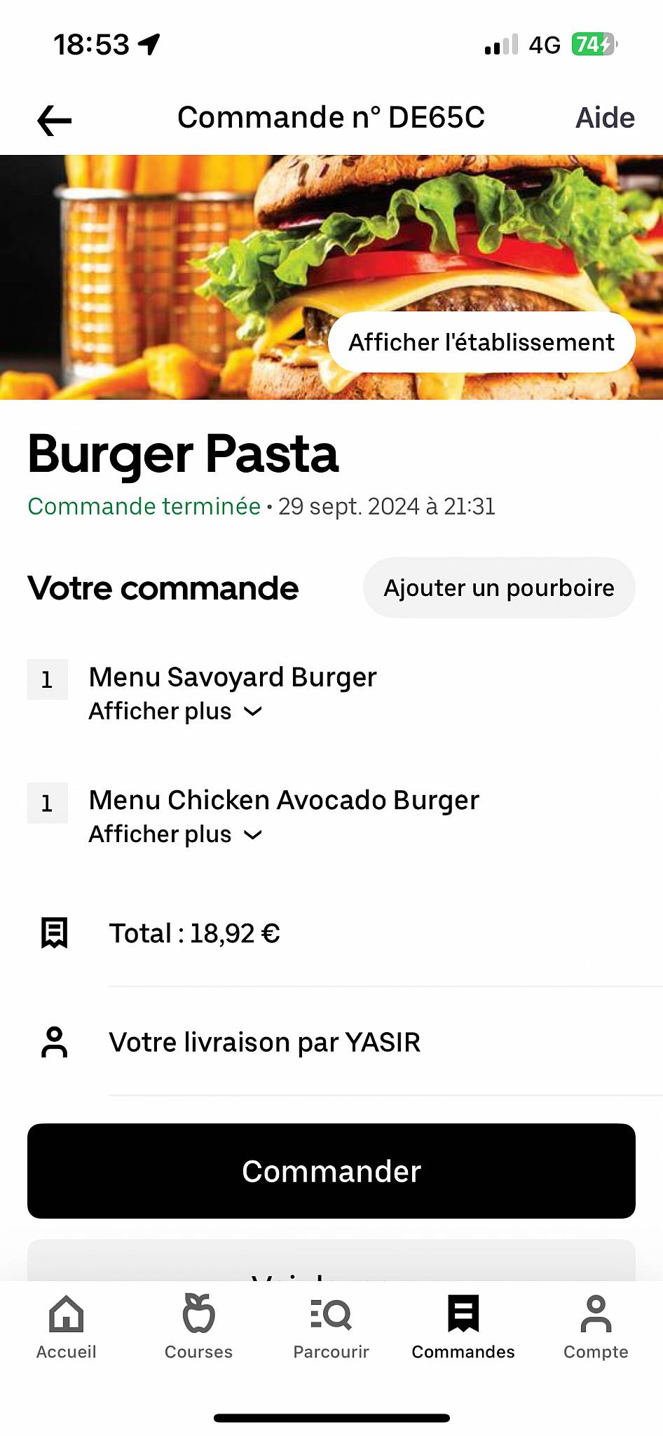 Menu de Burger Pasta