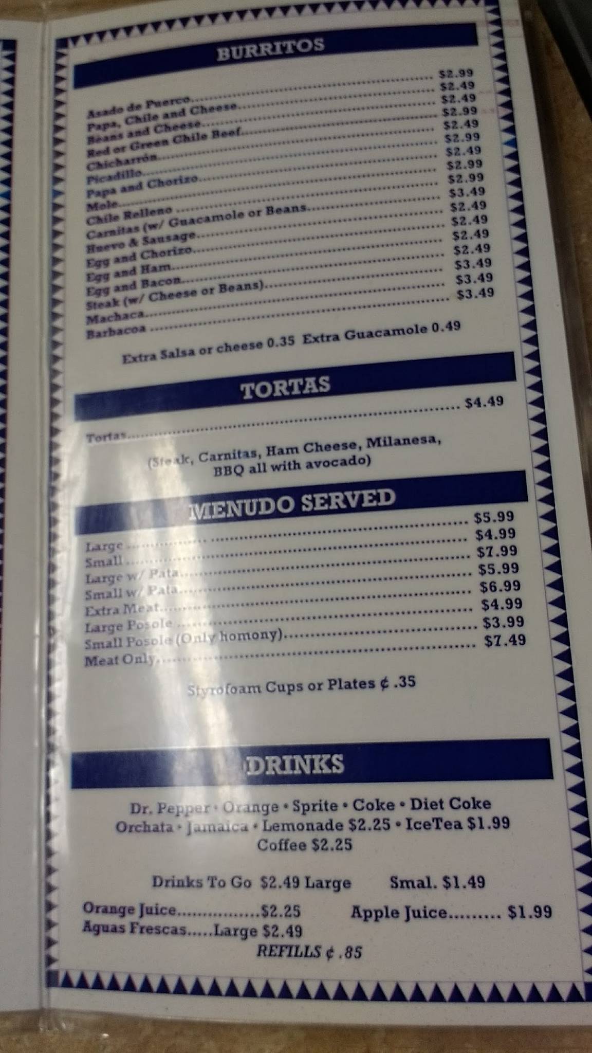 Menu at Burrito House restaurant, El Paso, Dyer St