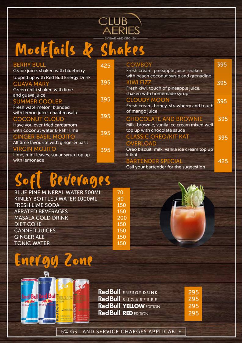 CLUB AERIES - SKYBAR & KITCHEN menu