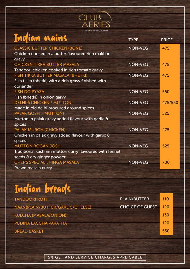 CLUB AERIES - SKYBAR & KITCHEN menu