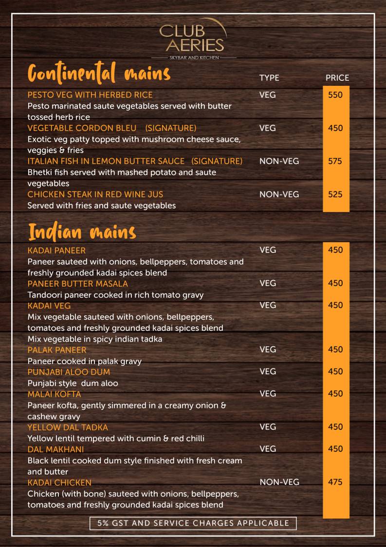 CLUB AERIES - SKYBAR & KITCHEN menu