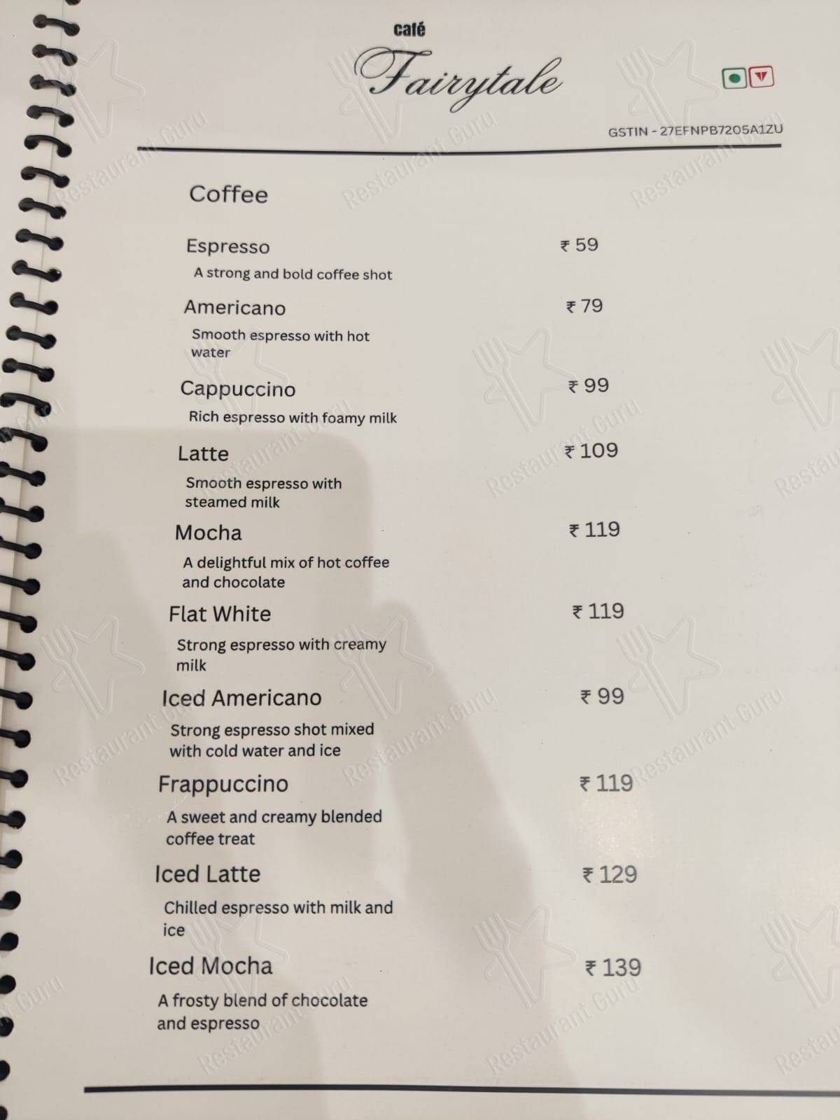 Menu for the Cafe Fairytale cafe