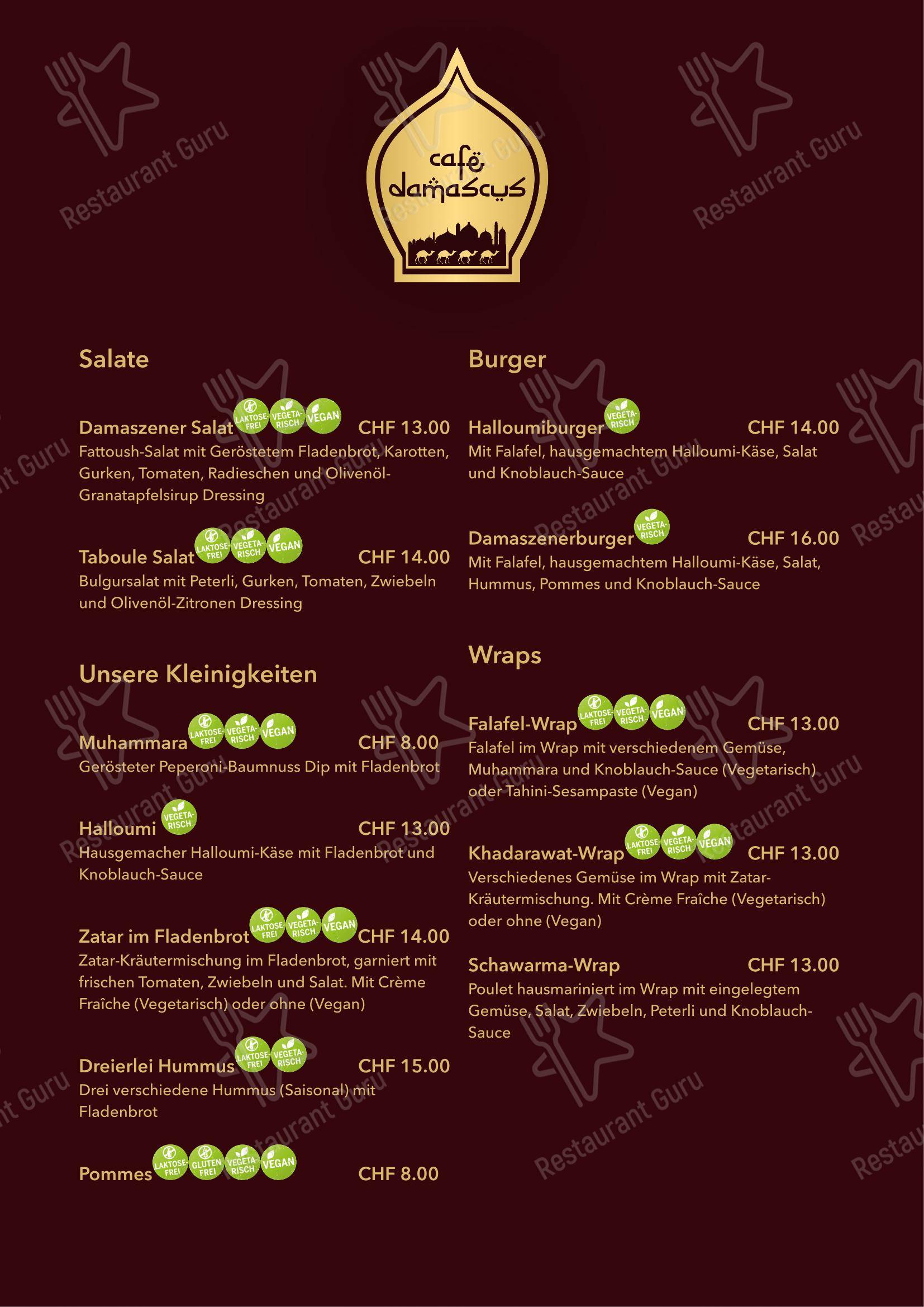 Menu per Café Damascus in Zofingen