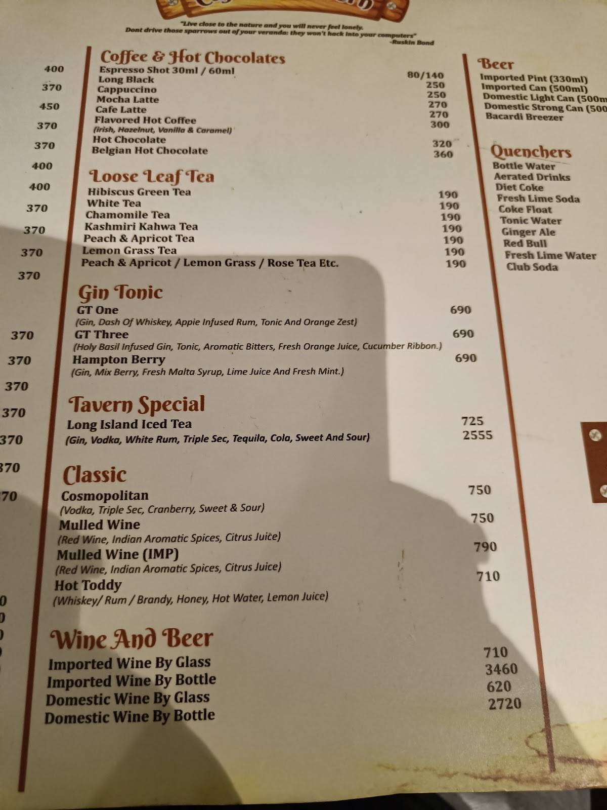 Cafe De Tavern menu