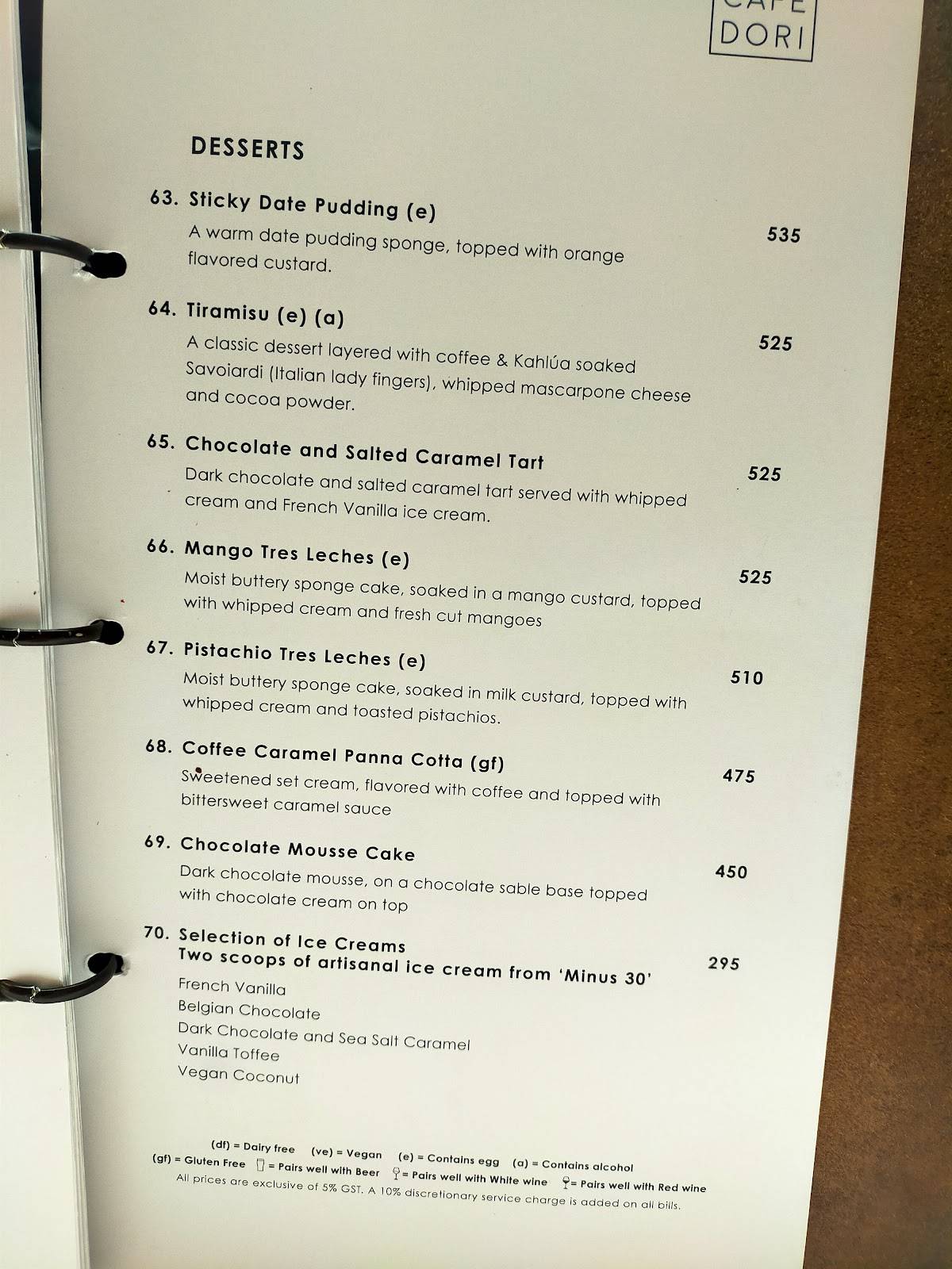 Cafe Dori Gurgaon menu